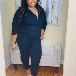 PASH BOUTIQUE Black Zipper Jogger Set Sets (Missy)