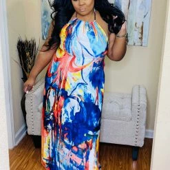 PASH BOUTIQUE Blue Graffiti Halter Maxi Dress