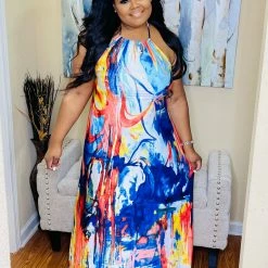 PASH BOUTIQUE Blue Graffiti Halter Maxi Dress