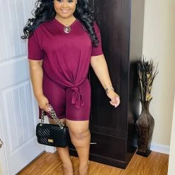 PASH BOUTIQUE Burgundy V Neck Oversize Top Set Clearance