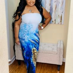 PASH BOUTIQUE New Arrivals Blue Leopard Plus Sleeveless Dress