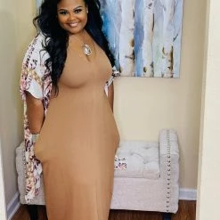 PASH BOUTIQUE Deep Camel V-Neck Maxi Dress New Arrivals