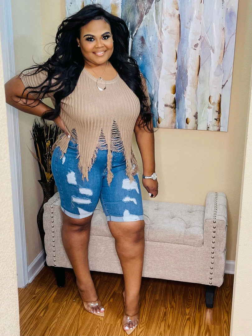 PASH BOUTIQUE Mocha Distressed Top