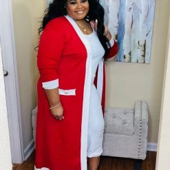 PASH BOUTIQUE Red/White Plus Cardigan New Arrivals