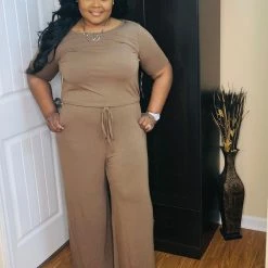 PASH BOUTIQUE New Arrivals Mocha Short Sleeve Jumpsuit