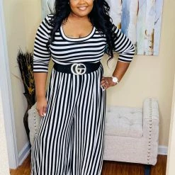 PASH BOUTIQUE Black/White Plus Wide Leg Jumpsuit